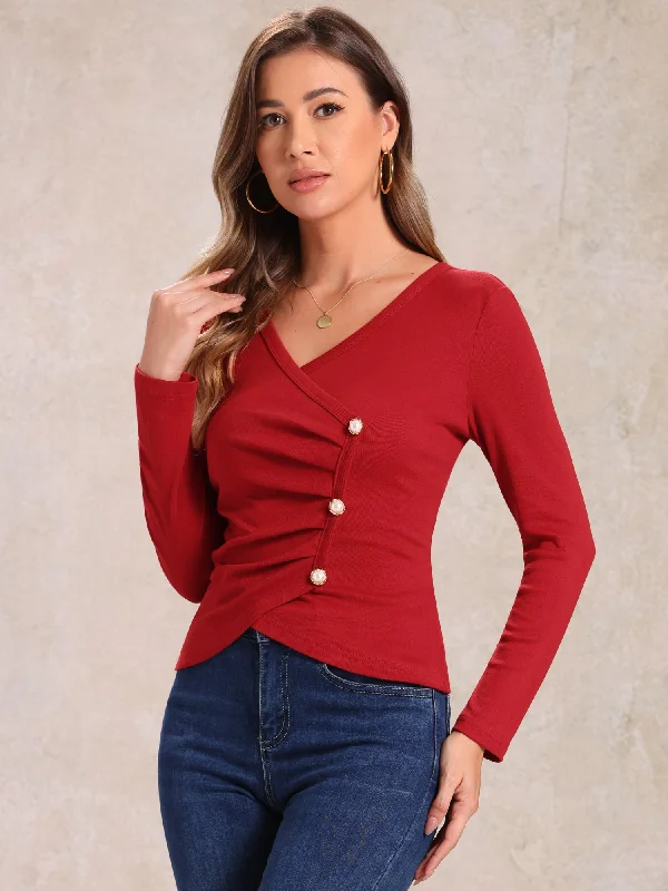 Long Sleeves Faux Pearl Buttons Decor Ruched Blouse Peter Pan Blouse
