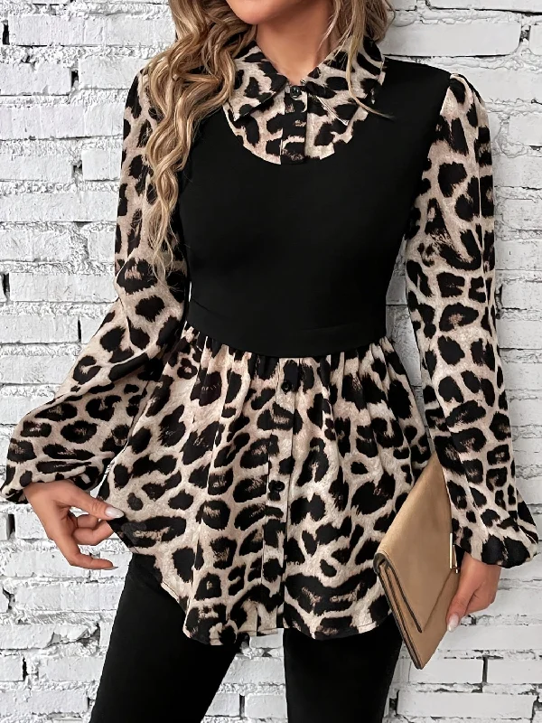 Hazel Blues® |  Leopard Collared Neck Balloon Sleeve Blouse Floral Print Blouse