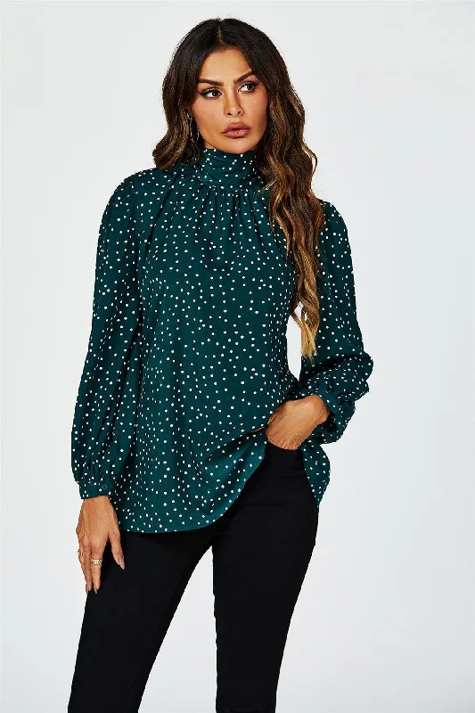 FS Collection Polka Dot Print Long Sleeve Back Tie Blouse Top In Green Short Sleeve Blouse FS Collection Polka Dot Print Long Sleeve Back Tie Blouse Top In Green Short Sleeve Blouse