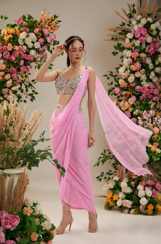Prewinkle Color - Dupion Blouse, Belt And Georgette Saree Delicate Pleat Blouse