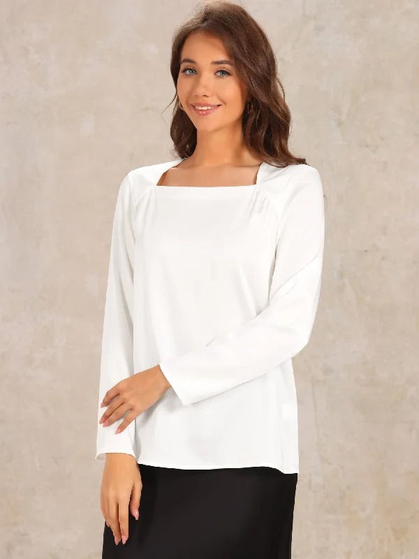 Square Neck Solid Long Sleeve Loose Satin Blouse Oversized Silk Blouse