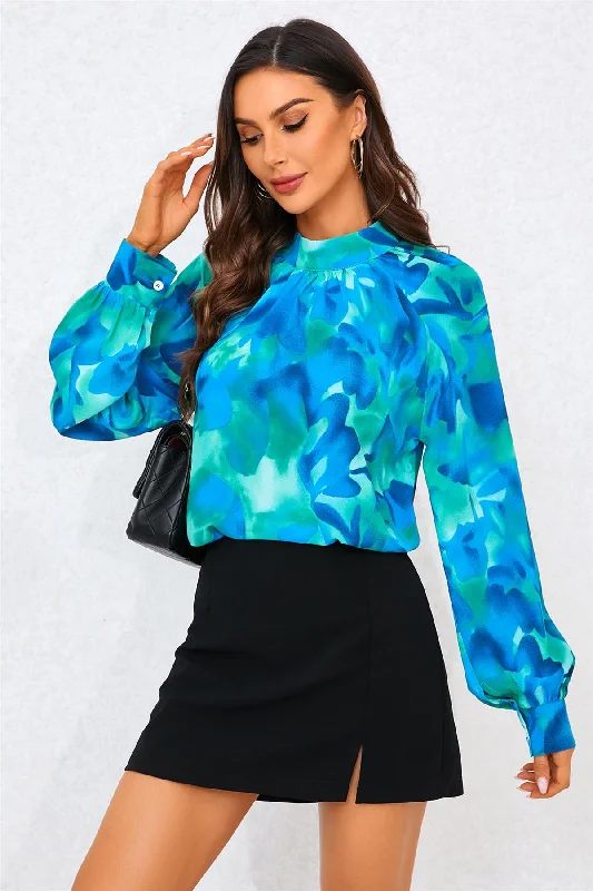 FS Collection Abstract Floral Print Halter Neck Blouse Top In Blue Lightweight Linen Blouse FS Collection Abstract Floral Print Halter Neck Blouse Top In Blue Lightweight Linen Blouse