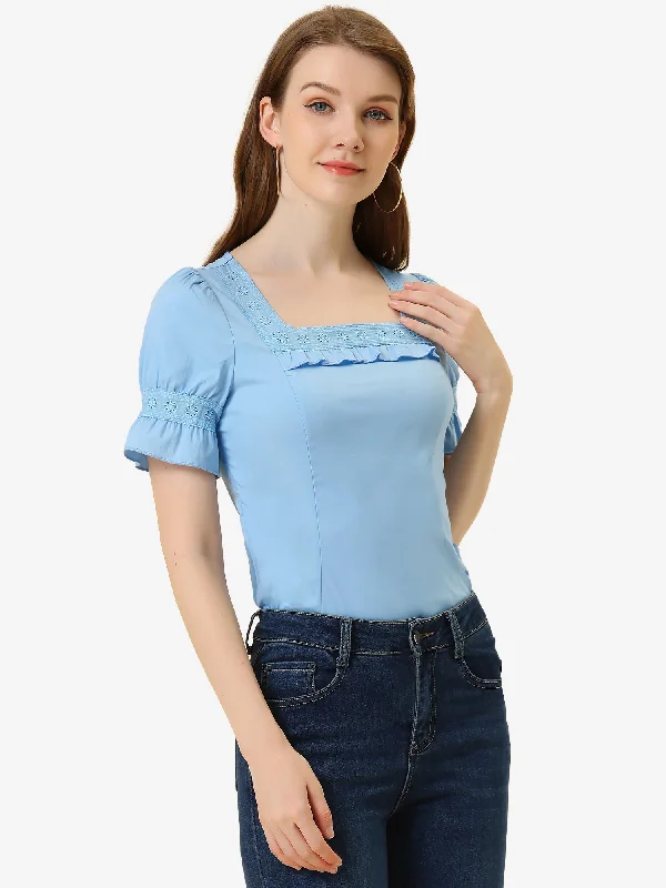 Lace Crochet Blouse Ruffle Puff Short Sleeve Square Neck Top Floral Chiffon Blouse