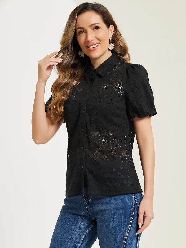 Lace Boho Puff Sleeve Button Down Eyelet Blouse Ruched Sleeve Blouse
