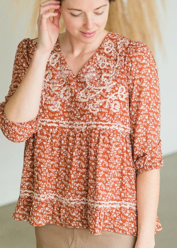 Rust Embroidered Blouse - FINAL SALE Smart Casual Blouse
