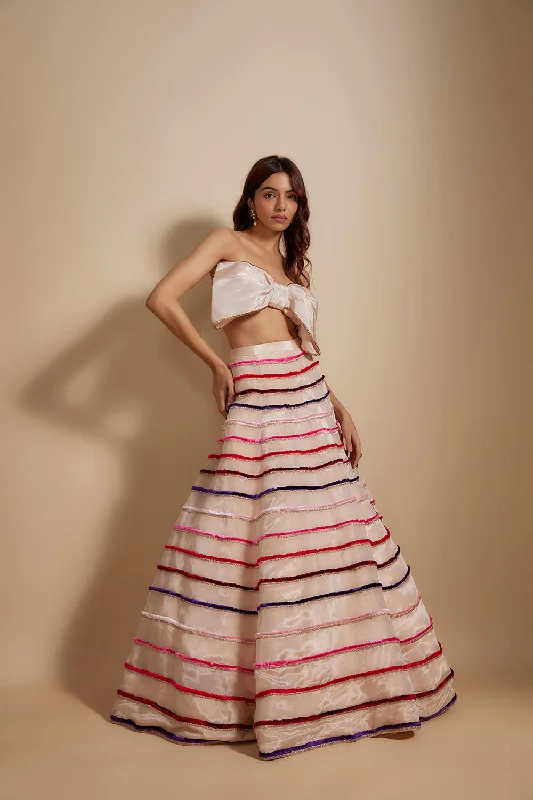 Peach Multiple-Coloured Embroidered Lehenga With Bow Blouse Lightweight Chiffon Blouse