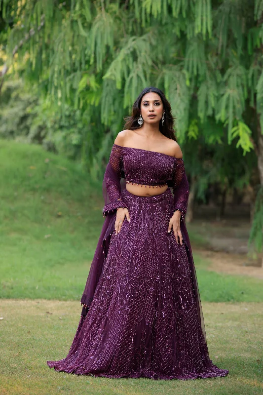 Wine Embellished Lehenga With Off- Shoulder Blouse Set Collared Satin Blouse