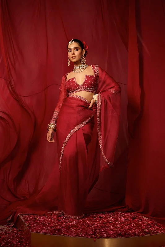 Jamberry Pink Drape Saree With Blouse Sheer Sleeve Blouse
