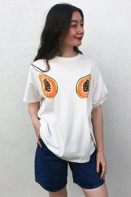 By Frankie - Papaya T Shirt, White-- Collared T-Shirt Boat Neck A-Line