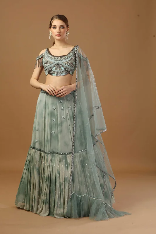 Tye Dye Georgette Skirt With Blouse And Dupatta Drape Neck Blouse