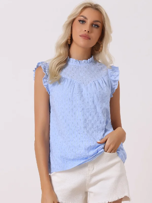 Textured Ruched Sleeveless Crew Neck Slim Fit Blouse Casual Stripe Blouse