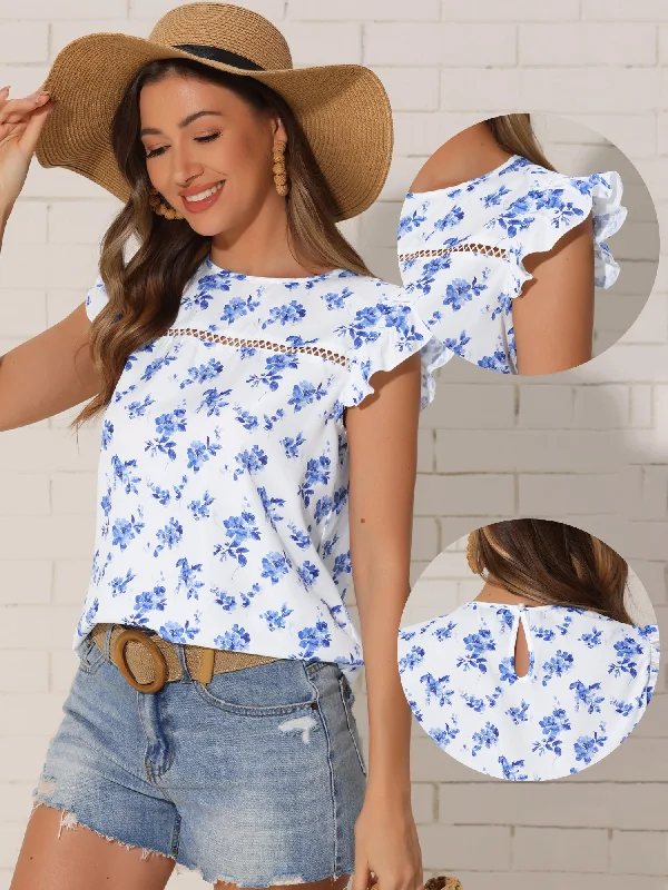 Floral Print Ruffled Sleeve Round Neck Blouse Lightweight Linen Blouse