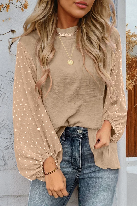 Parchment Swiss Dot Balloon Sleeve Loose Blouse Slim Fit Blouse