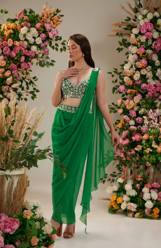 Dark Mint Color- Dupion Blouse, Belt And Georgette Saree Lightweight Tunic Blouse