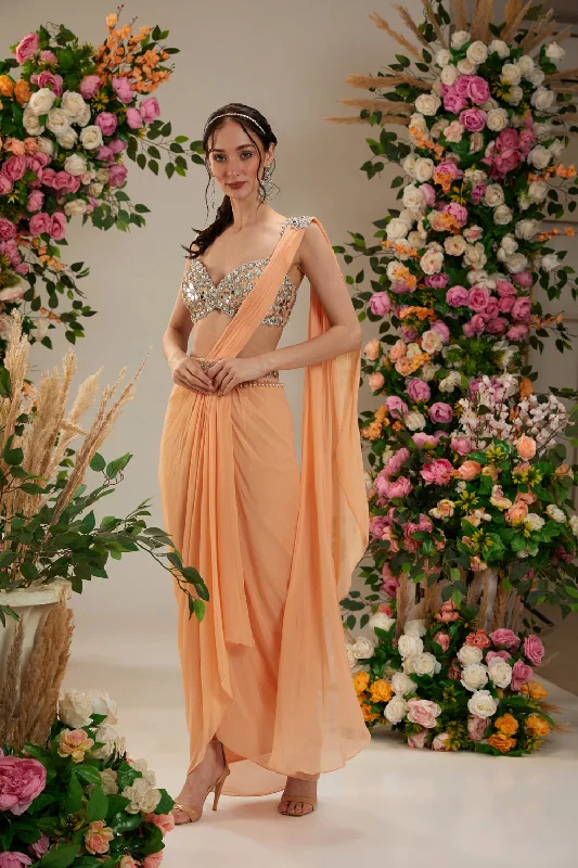 Light Peach Color- Dupion Blouse, Belt And Georgette Saree Side Tie Blouse
