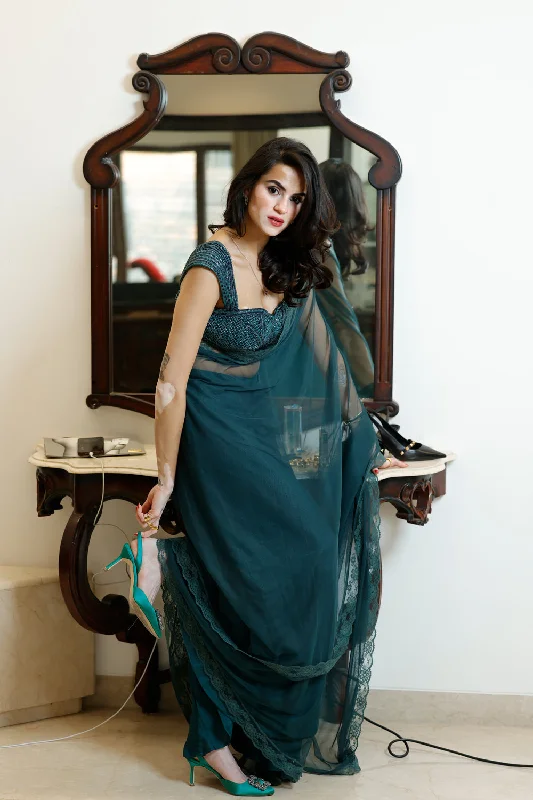 Forest Green Saree With Heavy Hand Embroidered Blouse Modern Oversized Blouse