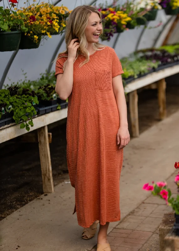 Persimmon Striped T-Shirt Midi Dress-- Ribbed T-Shirt High Neck Heavyweight