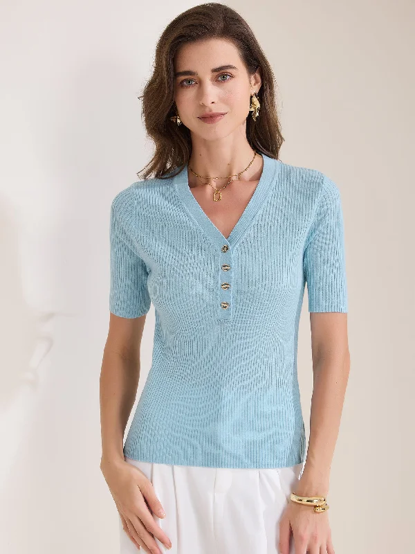Ribbed Knit V Neck Button Henley Short Sleeve Blouse Feminine Puff Blouse