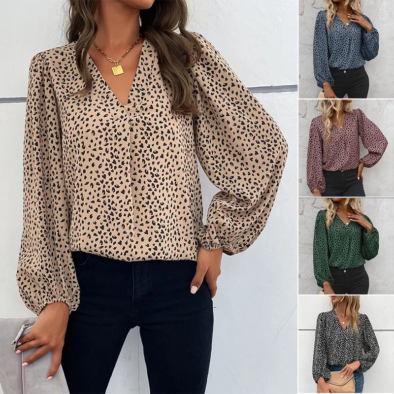 IKEARLAX Cross-border  popular spring and summer Popular trade 2025 commuter tops long-sleeved V-neck leopard print design shirts women-- Cashmere Blend Cotton Blend Poly Blend