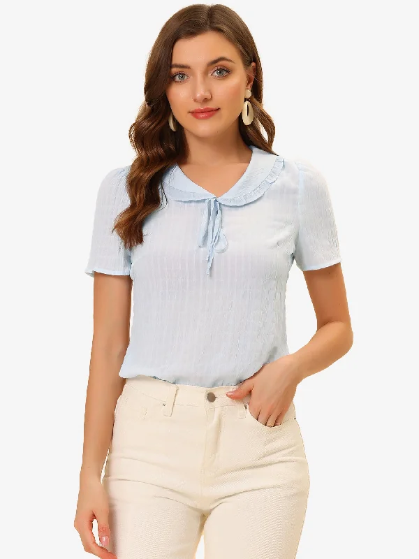 Peter Pan Collar Tops Tie Neck Ruffle Blouse Soft Pastel Blouse