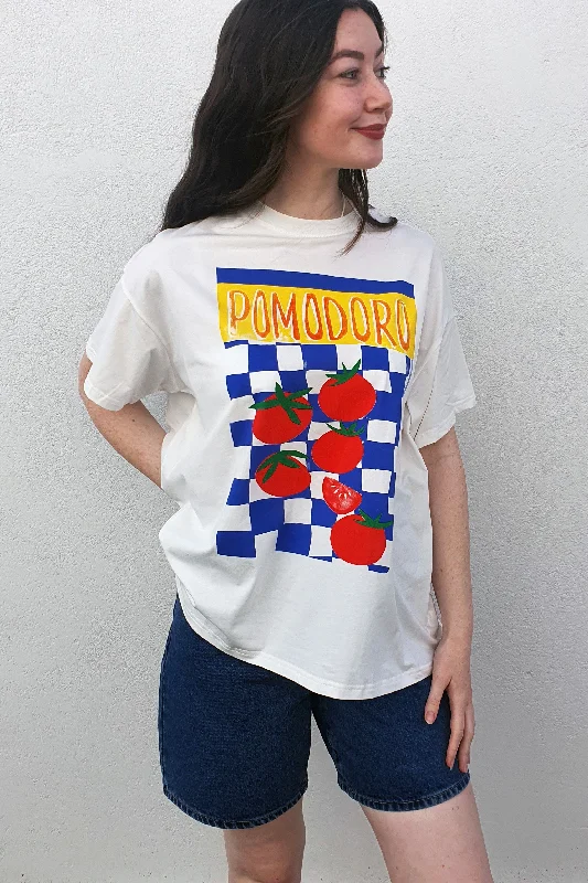 By Frankie - Pomodoro T Shirt, White-- Asymmetrical Pockets Print