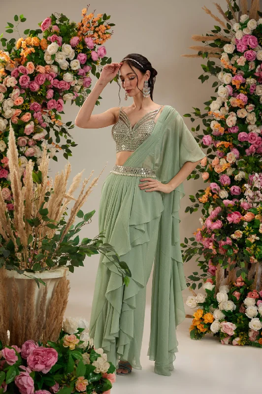 Green Color- Dupion Blouse, Belt And Shimmer Georgette Saree Silky Tunic Blouse