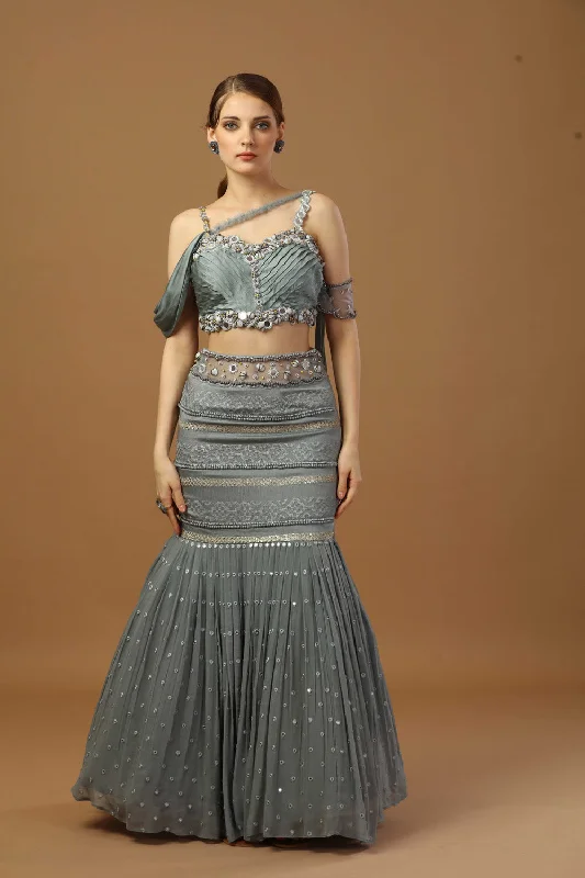 Pleated Blouse With Fish Cut Skirt And Attach Dupatta At Back Sheer Mesh Blouse