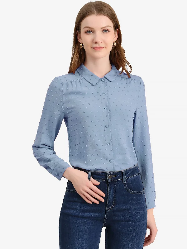 Office Point Collar Long Sleeve Swiss Dot Button Down Blouse Asymmetric Hem Blouse
