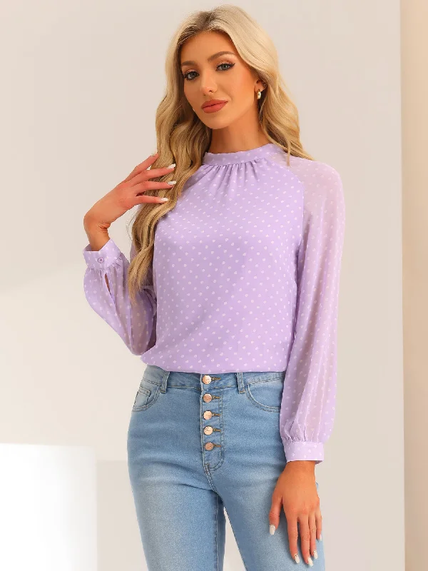 Polka Dots Funnel Neck Tie Back Sheer Long Sleeve Blouse Airy Cotton Blouse