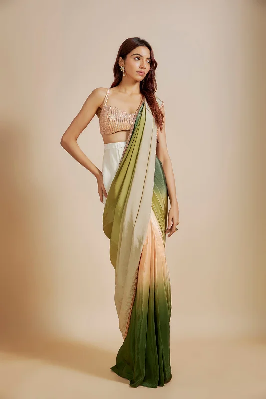 Green Ombre Saree With Embroidered Blouse Elegant Silk Blouse