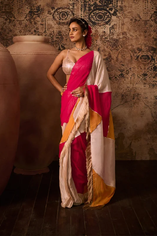 Rose Gold Embroidered Blouse With Multicoloured Saree Ruffled Neck Blouse