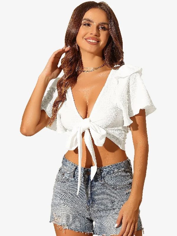 Lace-Up Back/Front Flared Short Sleeve Cropped Blouse Chic Wrap Blouse