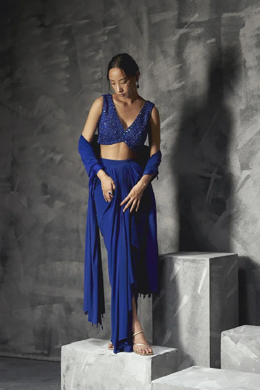 Rainfall Drape Skirt With Low V Cut Blouse And Dupatta Mandarin Collar Blouse