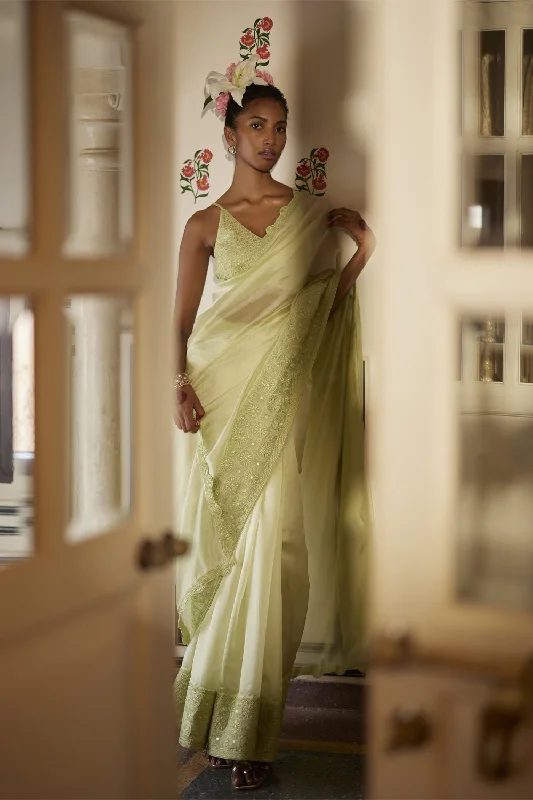 Mint Saree Paired With Blouse Double Button Blouse