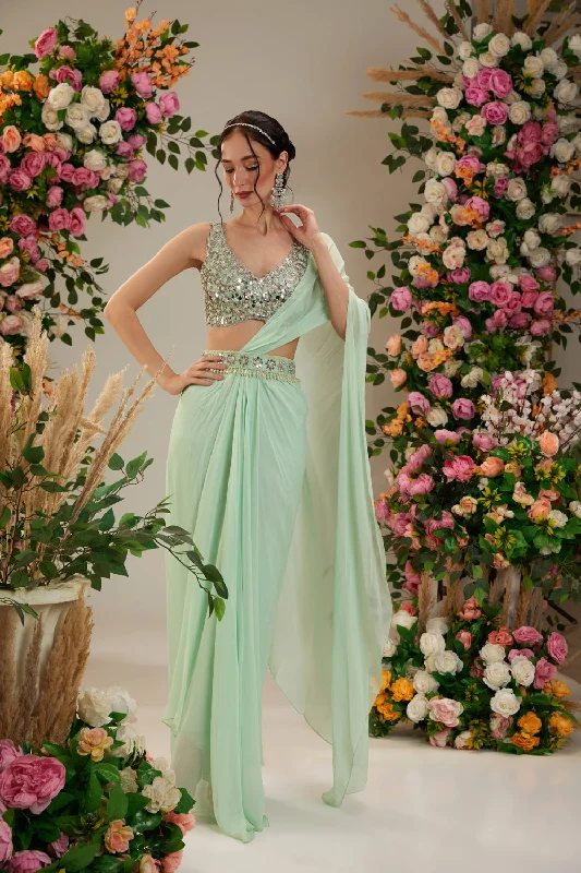 Pista Green Color- Dupion Blouse, Belt And Georgette Saree Collared Satin Blouse