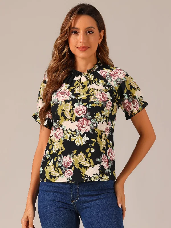 Ruffled Short Sleeve Floral Print Mock Neck Blouses Versatile Layering Blouse