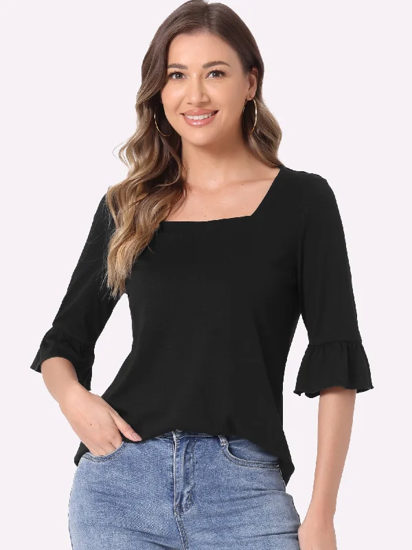 3/4 Bell Sleeve Casual Square Neck Blouse Sweetheart Neck Blouse