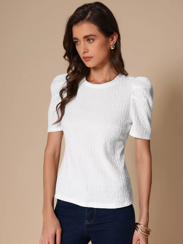 Puff Short Sleeve Round Neck Textured Blouse Casual Relaxed Blouse