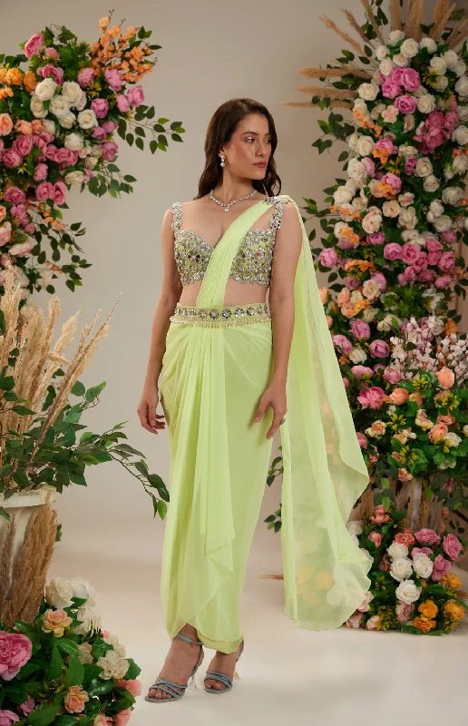 Lemon Yellow Color- Dupion Blouse, Belt And Georgette Saree Feminine Pastel Blouse
