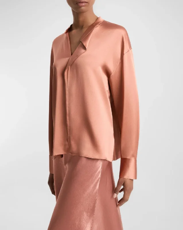 Vince Draped Stand Collar L/S Blouse in Petal Amber Gathered Detail Blouse