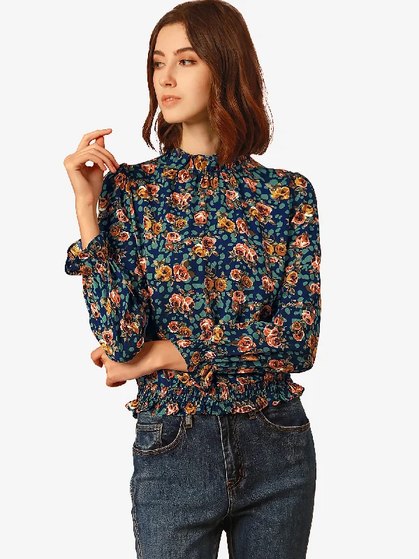 Ruffled Floral Printed Vintage Collared Smocked Waist Blouse Ruffled Neck Blouse