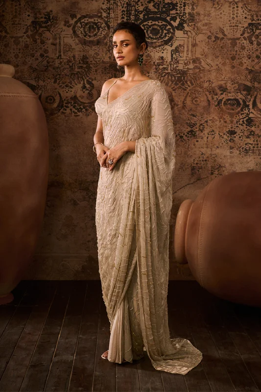 Chikoo Embroidered Blouse With Saree Peter Pan Blouse