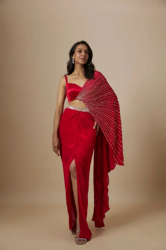 Red Skirt With Drape Blouse Stylish Wrap Blouse