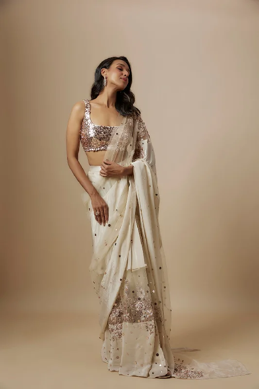 Beige Block  Embroidered Saree With Embroidered Blouse Office Formal Blouse