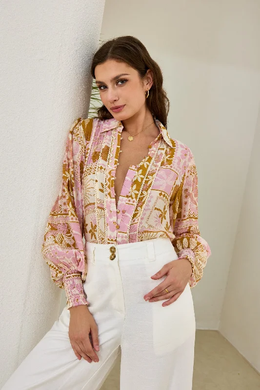 Helia Pink Abstract Shells Balloon Sleeve Blouse Elegant Lace Blouse
