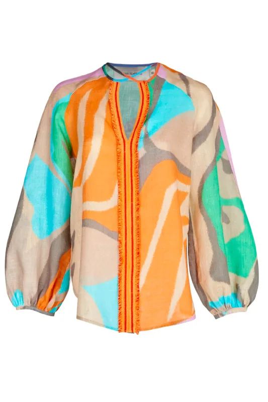 Molveno Blouse | Pastel Multi Swirls Frilled Cuff Blouse