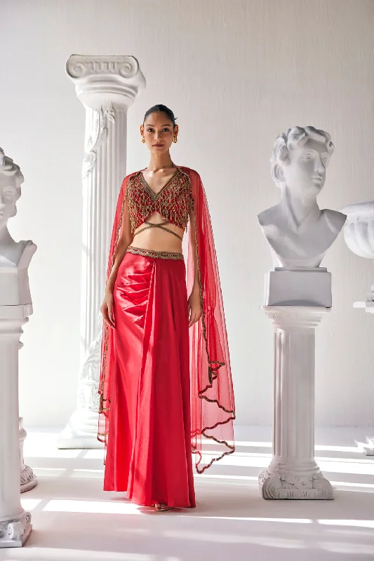 Elegant Red Ensemble Features A Royal Satin Skirt, Fully Embroidered Blouse, Belt And A Cape In A Soft Net. Lightweight Chiffon Blouse