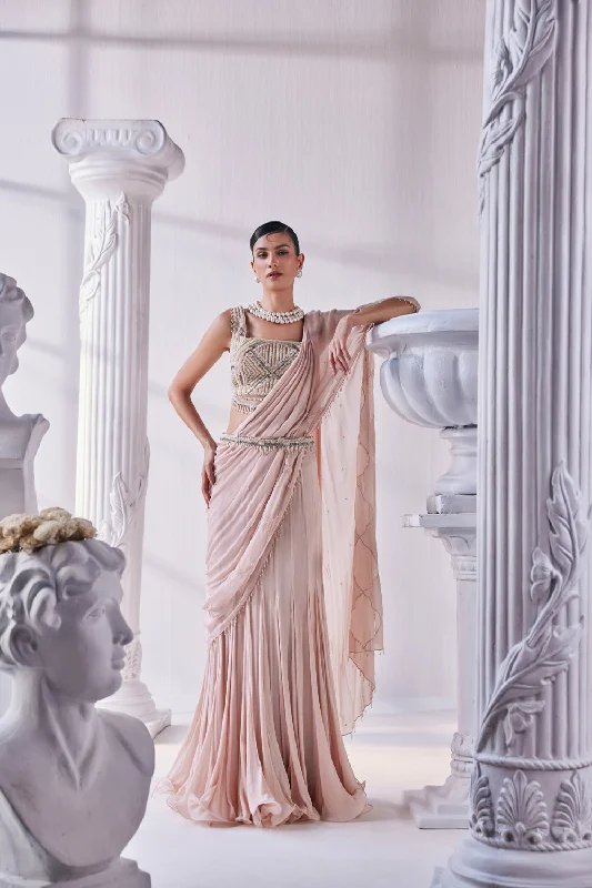 Peach Chiffon Drape Saree With Bead Work Detail Paired With A Heavy Emroidered Blouse And A Belt. Loose Fit Blouse