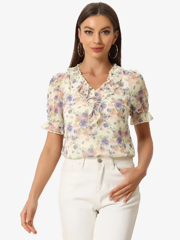 Floral Blouse Ruffle V Neck Puff Short Sleeve Top Loose Oversized Blouse