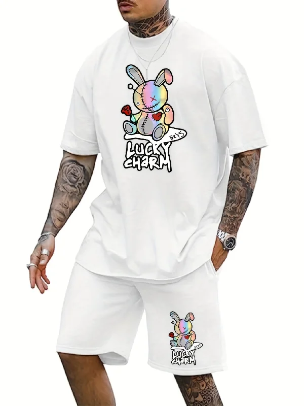 2pcs Mens LUCKY CHARM Loungewear Set - Fashion Bunny Doll Print T-Shirt & Drawstring Shorts with Pockets - Comfortable Casual Pajama Outfit for All-Day Wear-- Collared T-Shirt Boat Neck A-Line 2pcs Mens LUCKY CHARM Loungewear Set - Fashion Bunny Doll Print T-Shirt & Drawstring Shorts with Pockets - Comfortable Casual Pajama Outfit for All-Day Wear-- Collared T-Shirt Boat Neck A-Line